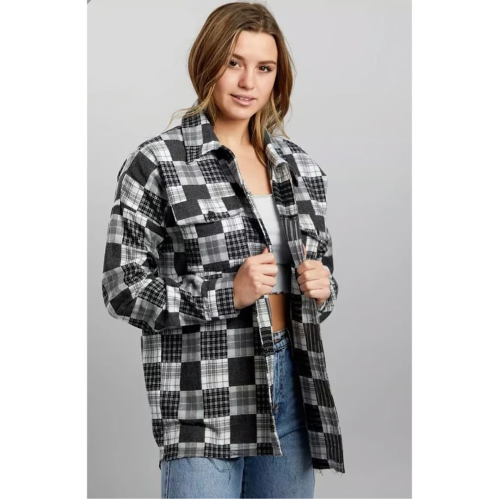 Buckle Gilded Intent Oversize Plaid Grey Raw Hem Shacket Size S